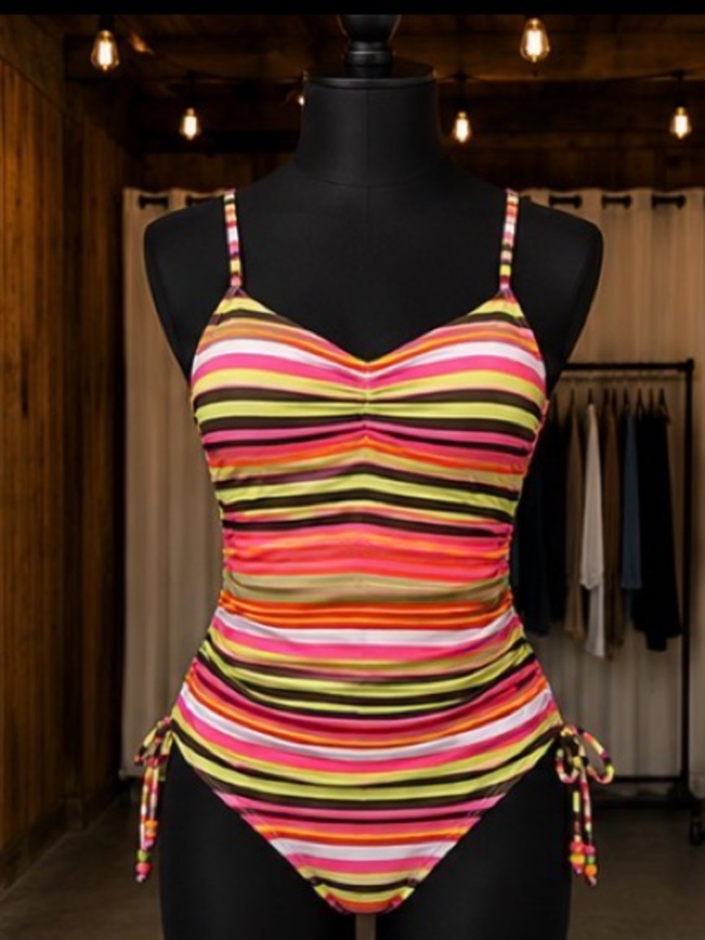 Women’s Multicolor Stripe One-Piece Swimsuit — Pink & Lime